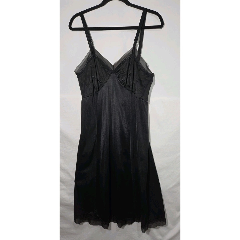 1960s Philmaid Full Slip Dress Womens‎ 38 Black Vintage Embroidered Mesh Trim
